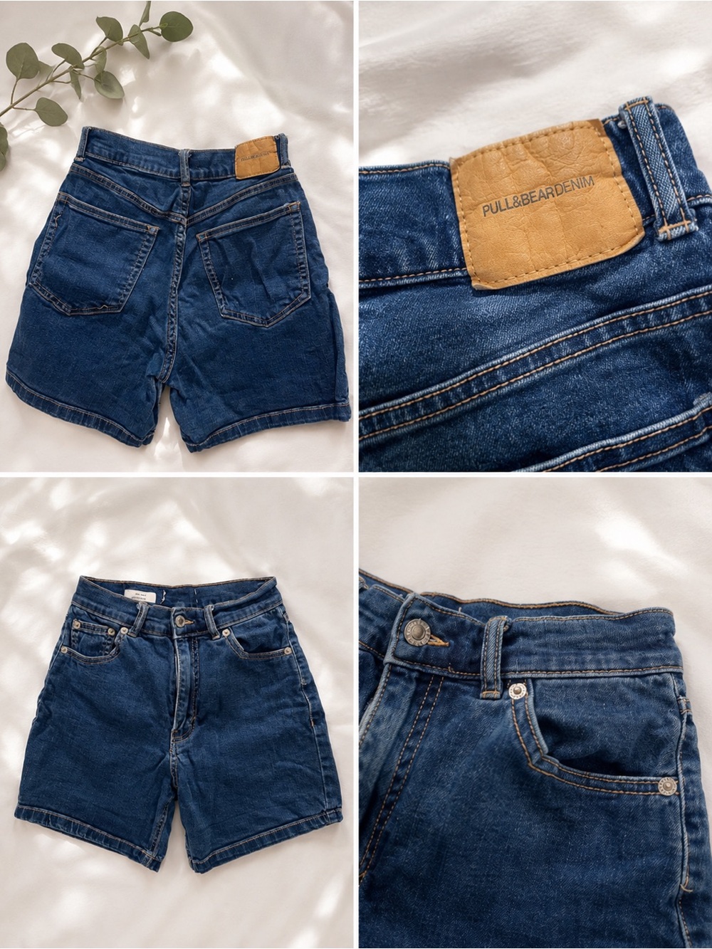 Pull&Bear Dark Blue High-Waist Denim Jean Shorts with Tan Patch
